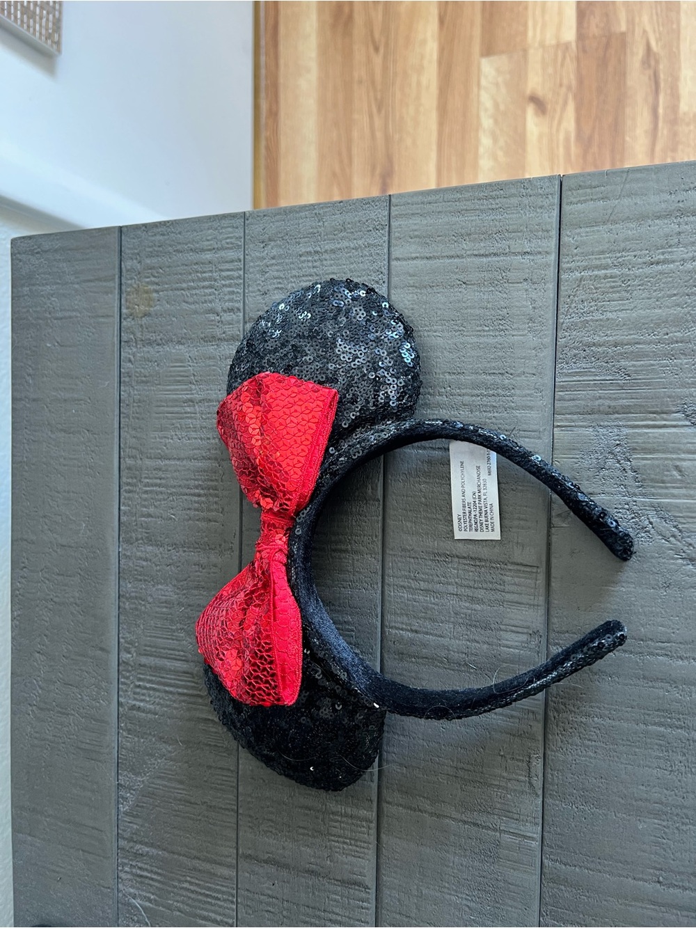 Disney Black Sequin Minnie Ears Headband with Red Bow